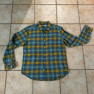 Outerknown Cotton Linen Plaid Button‎ Down Long Sleeve Blue & Yellow, Sz Medium